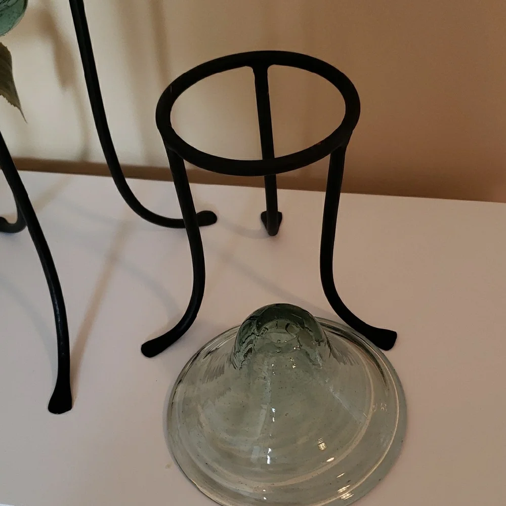 Green-tinted Glass Dishes & Black Metal Stands- Decor/ Candle Holders - Set Of 2